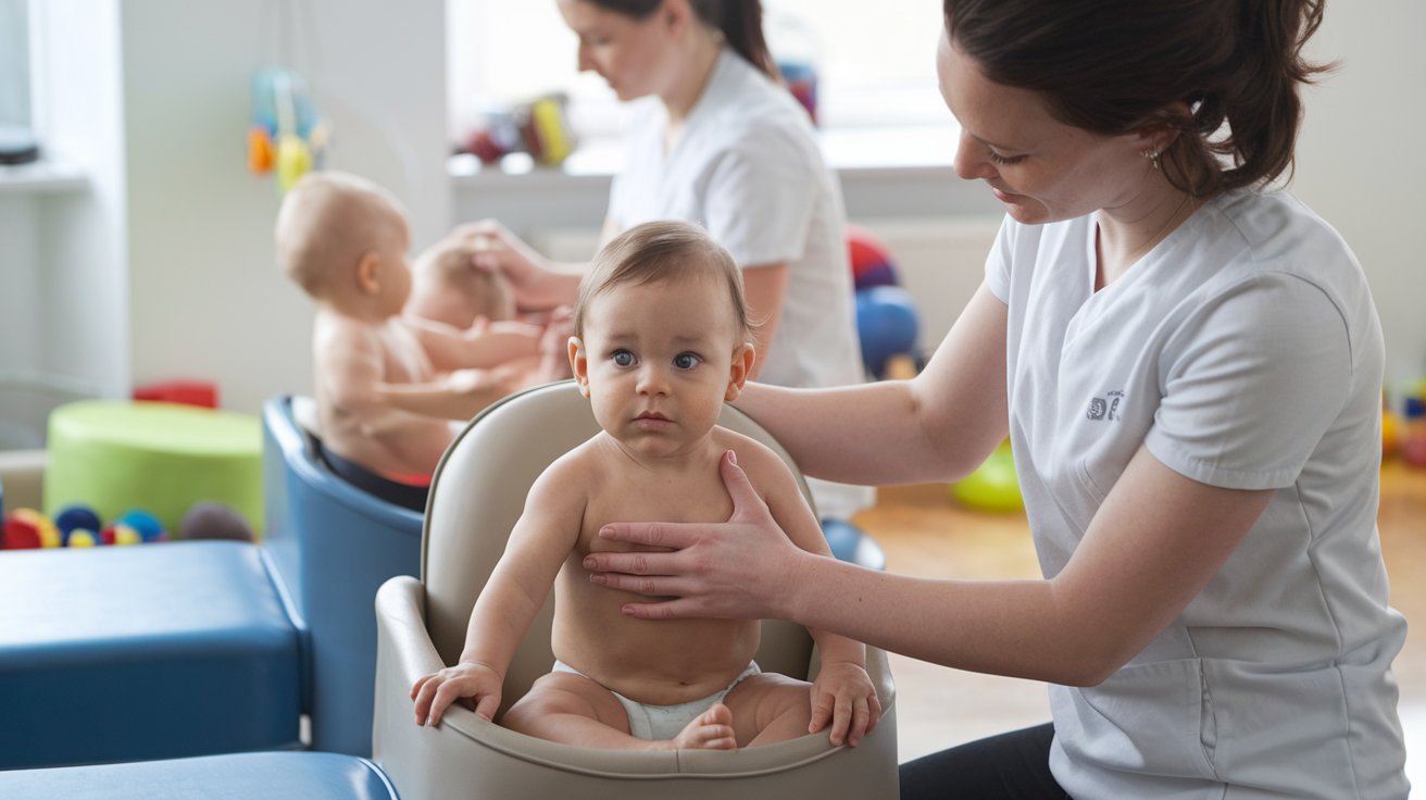 Paediatric physiotherapist assessing a baby for head preference and flat head shape