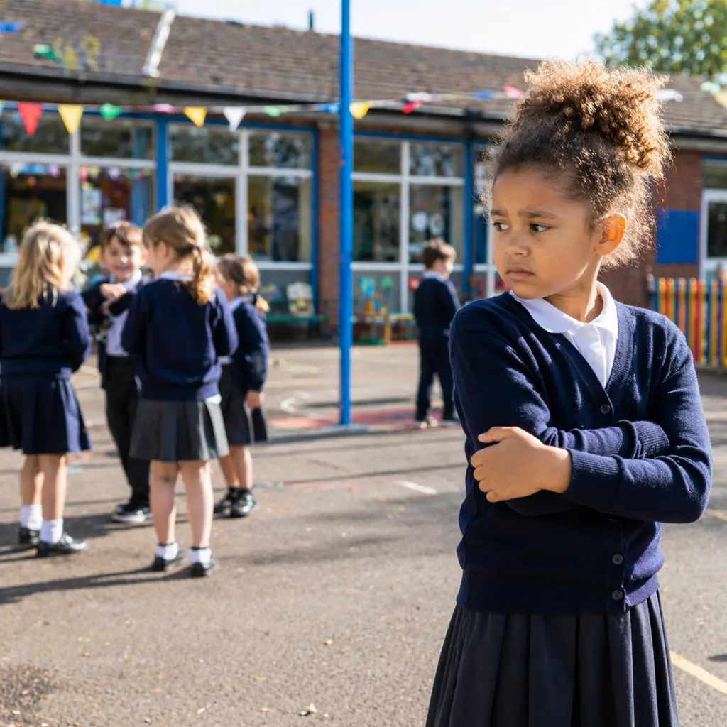 Young girl standing alone in school playground, looking away while other children play together