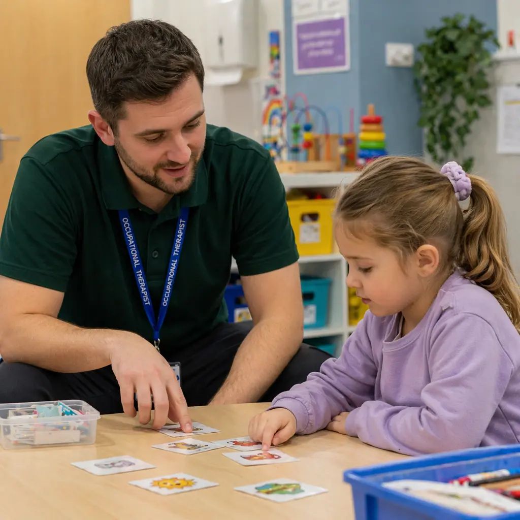 Therapist helping child with learning activity using cards in a calm and supportive setting