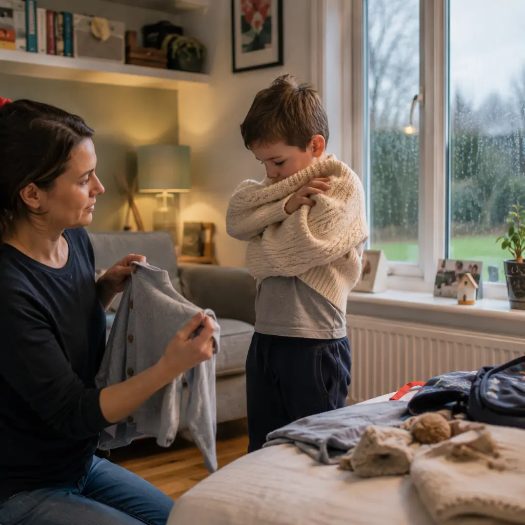 Child struggling with clothing textures while parent helps with school outfit at home